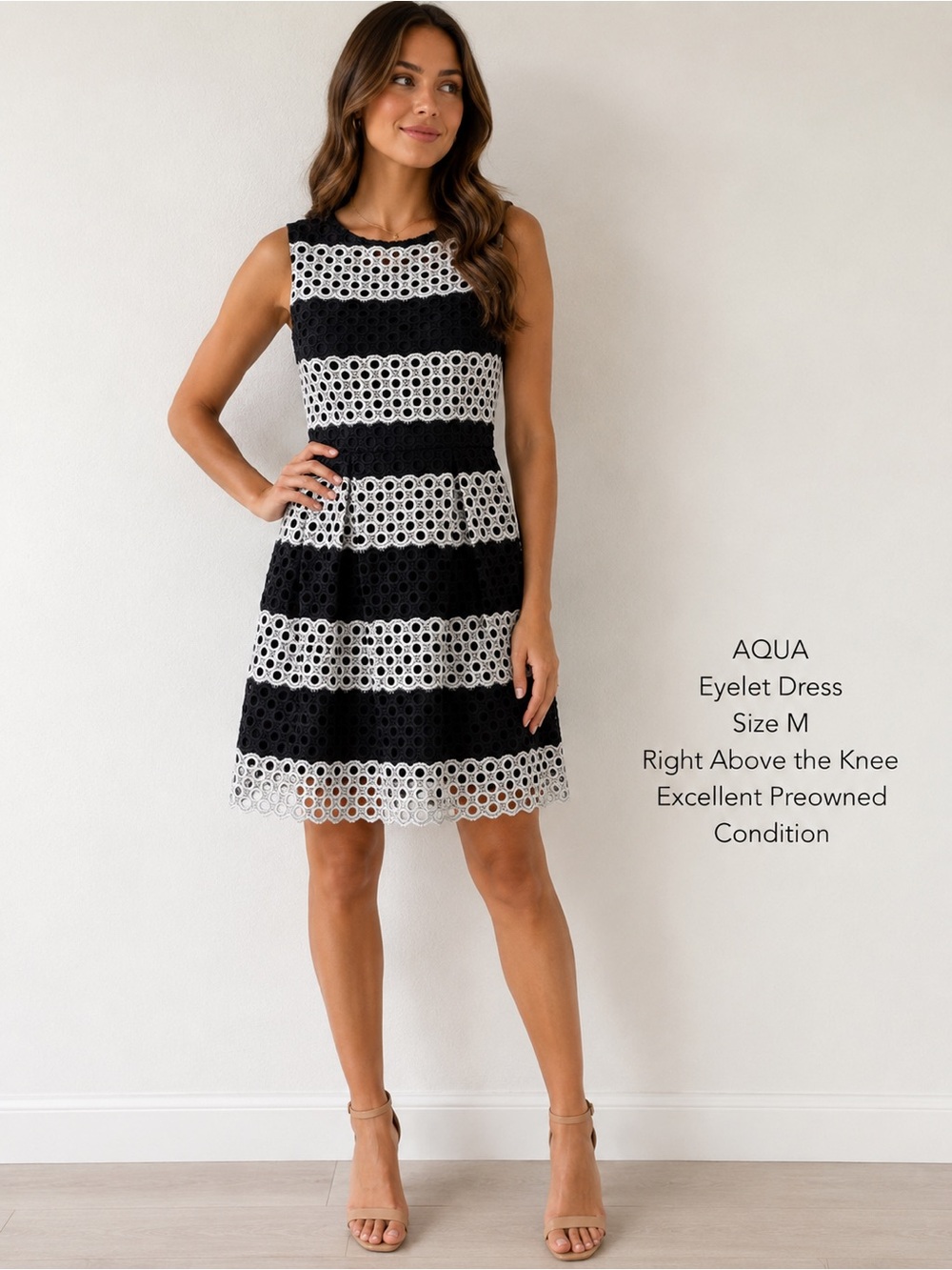 AQUA Capsule Limited Edition Black White Eyelet Lace Fit & Flare Dress Medium